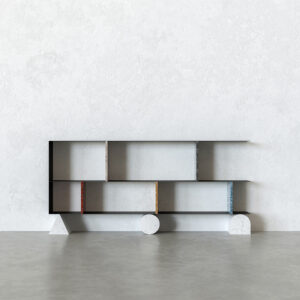 Front view of the Ettore low bookcase with thin black steel shelves and vertical marble panels in different colours, supported by three sculptural white marble feet (triangular wedge, circular disc and half-arch) in a minimal space.